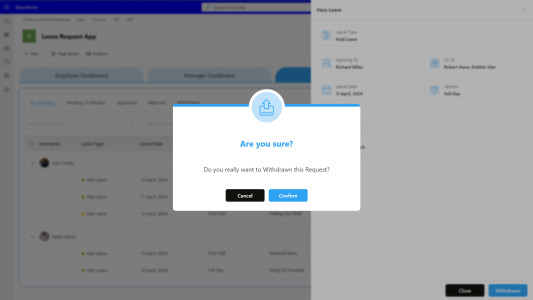 CV Leave Request App – Withdraw Popup – Leaves Pending CV Leave Request App – Withdraw Popup – Leaves Pending